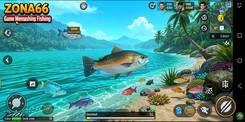 Tampilan gameplay seru ZONA66 saat menangkap ikan besar di laut.